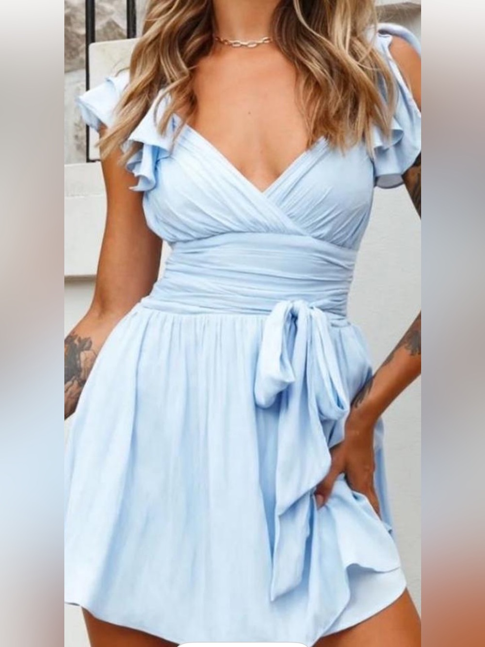 Soft Blue V-Neck Tie-Waist Midi Dress